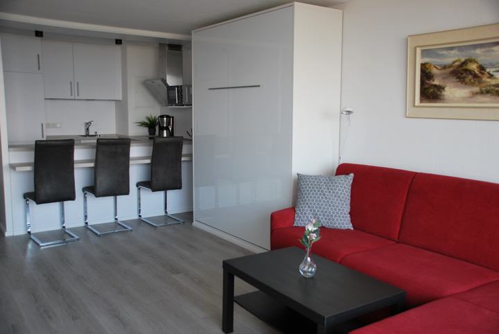 Wohnbereich mit Sofa, Schrankbett und Küchentresen